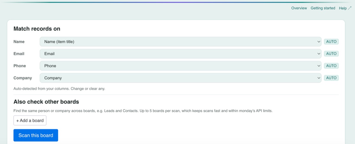 Column picker: Name, Email, Phone and Company matched automatically