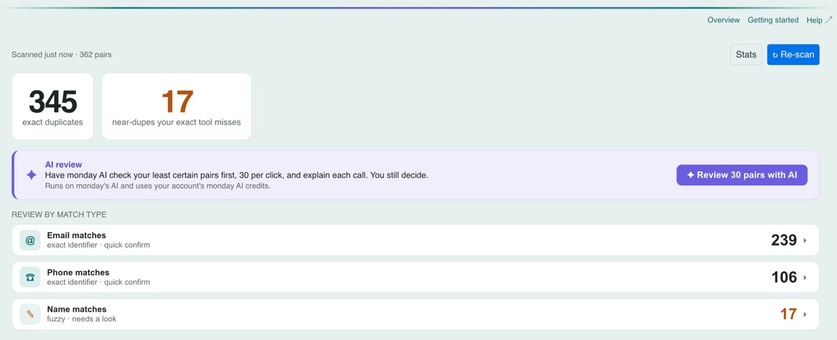 Scan results: exact and near-duplicate counts, the AI review card, and matches grouped by type