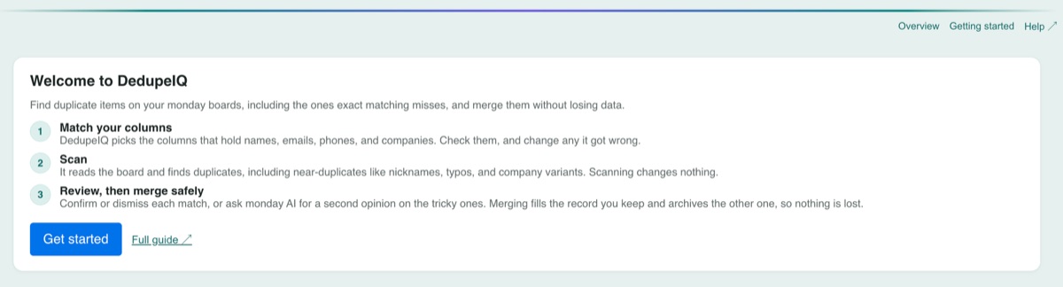 DedupeIQ welcome page with the three steps and a screenshot of each