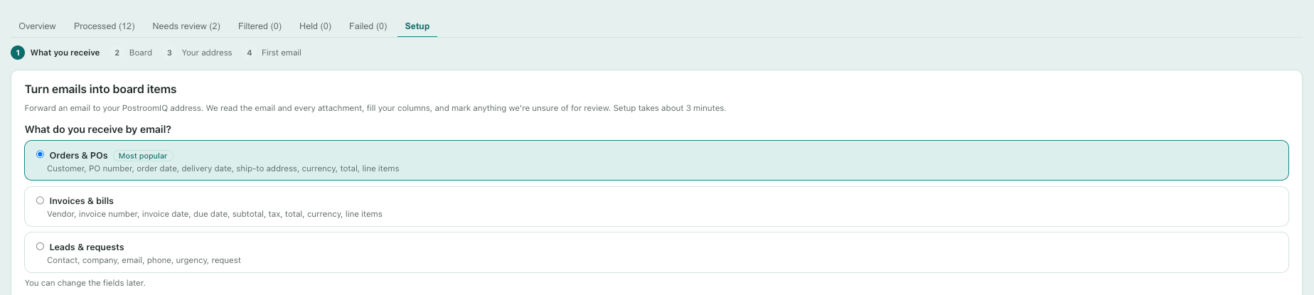 The three email type cards: Orders and POs, Invoices and bills, Leads and requests