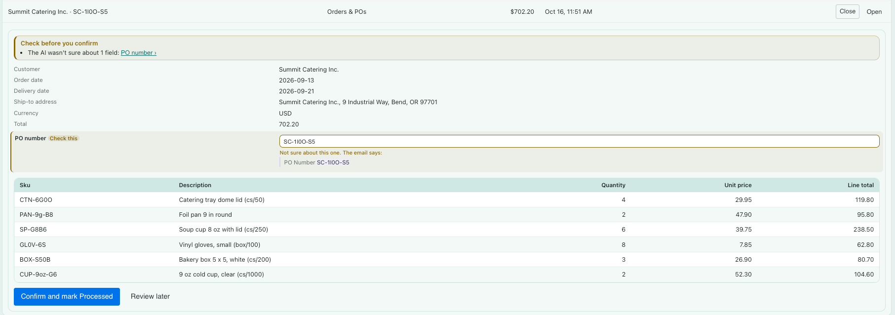 An open review card: a flagged value, the highlighted source passage, and the Confirm and mark Processed button